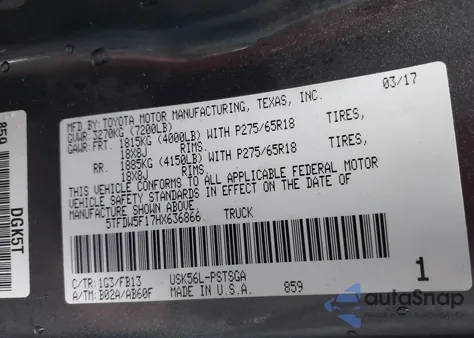 2017 Toyota Tundra Sr5 5.7L V8 from USA, damaged, VIN 5TFDW5F17HX636866